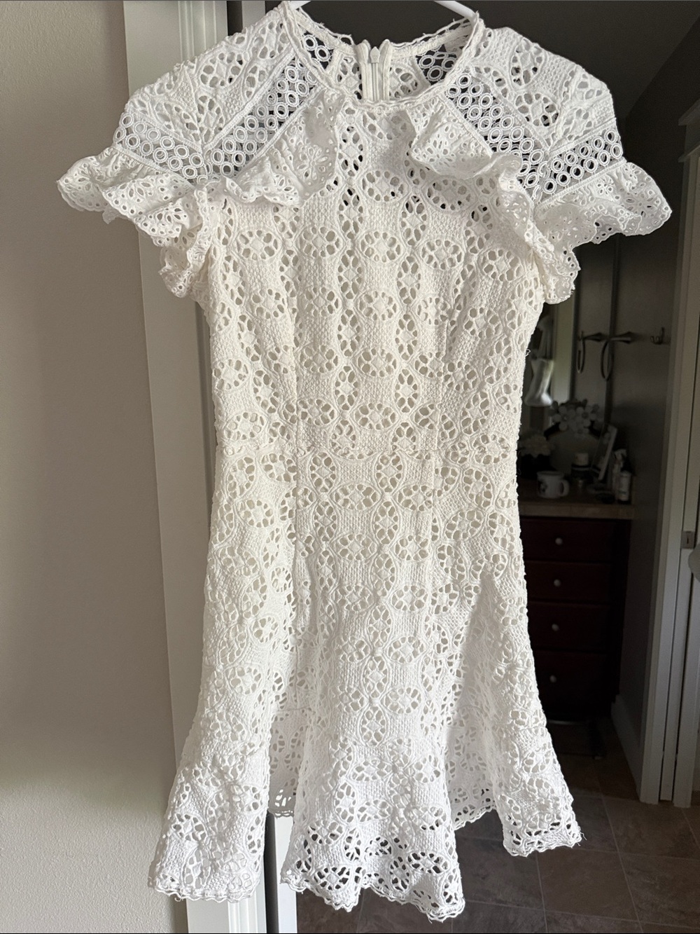 SANDRO PARIS White Eyelet Lace Ruffle Sleeve Cotton Dress EU 34 US 0